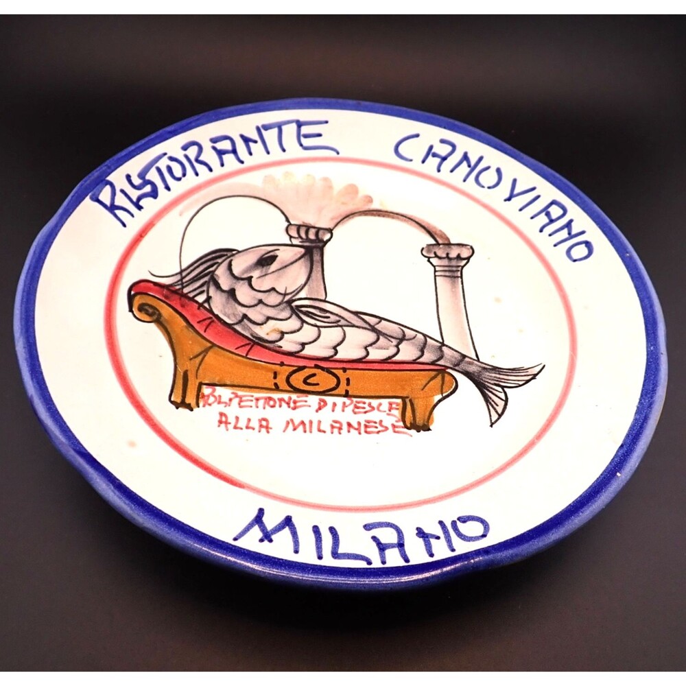 Vietri Italy Ceramic Plate Blue White Restorante Canoviano Milano 9" VTG 1988